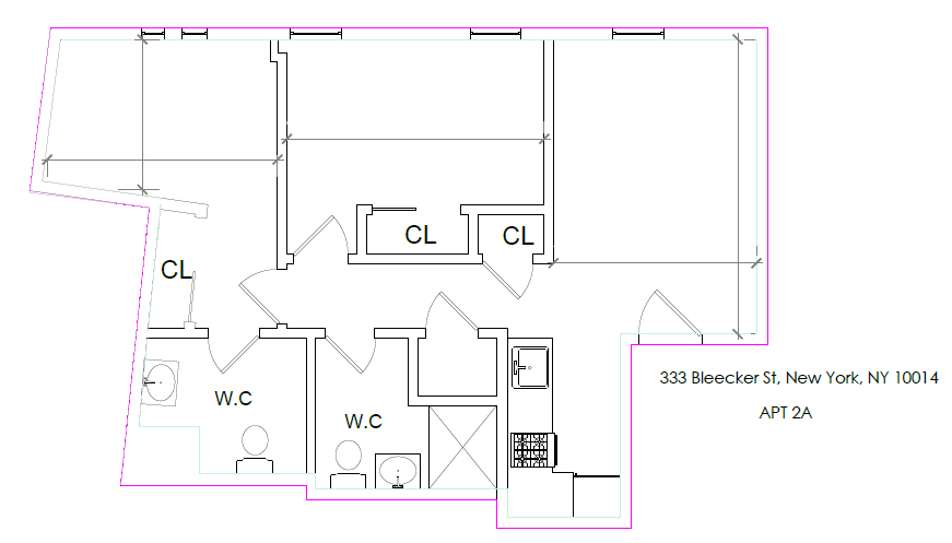 Floor plan for 2 beds, 1.5 baths, 400 sqft